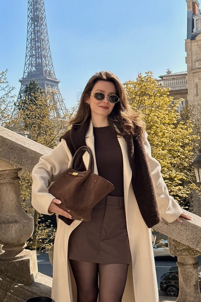 Cream Maxi Coat + Chocolate Brown Knit Top + Brown Mini Skirt + Brown Suede Tote Bag