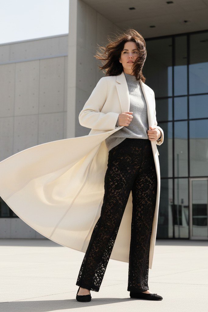 Cream Maxi Coat + Grey Sweater + Black Lace Wide-Leg Pants + Black Ballet Flats