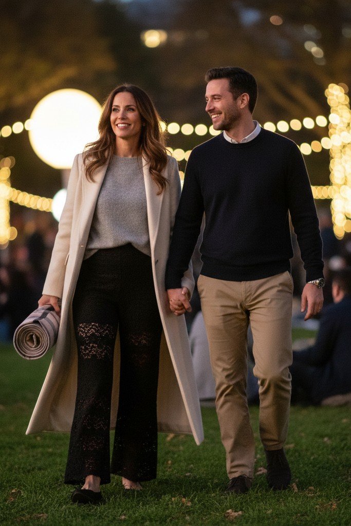 Cream Maxi Coat + Grey Sweater + Black Lace Wide-Leg Pants + Black Ballet Flats