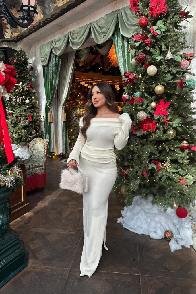 Cream Off-the-Shoulder Knit Maxi Dress + Faux Fur Handbag + White Pointed Heels