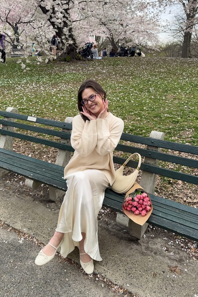 Cream Oversized Crewneck Sweater + White Silk Satin Maxi Skirt + Cream Mary Jane Flats