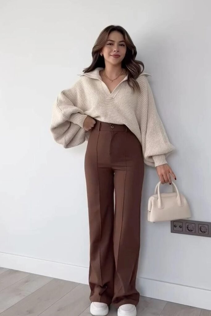 Cream Oversized Quarter Zip Sweater + Brown Wide Leg Trousers + White Sneakers