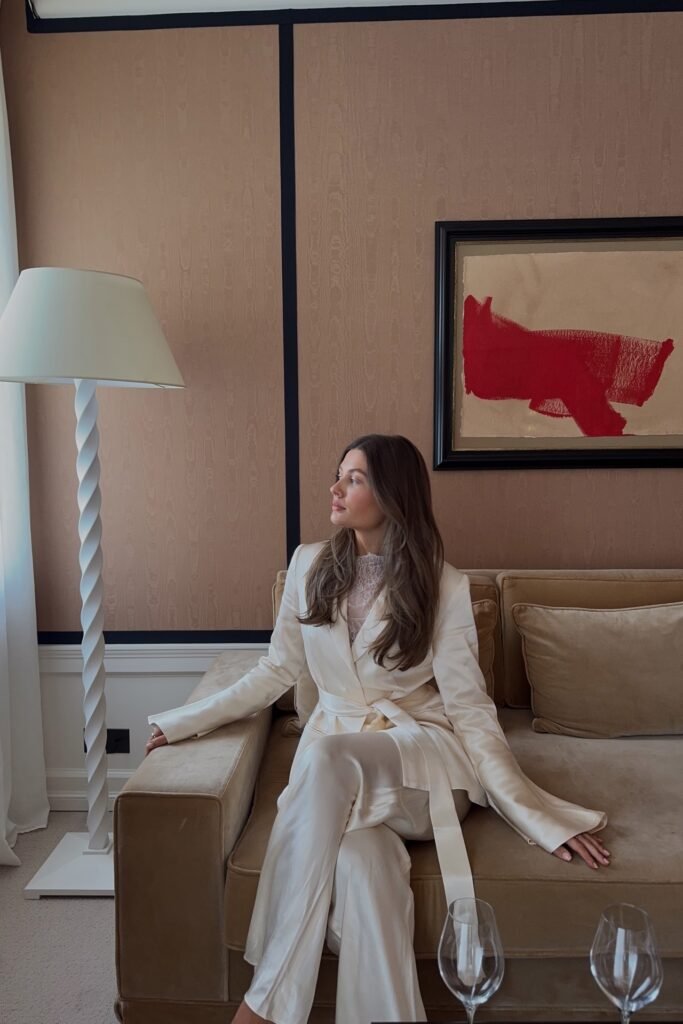 Cream Satin Blazer + Matching Satin Trousers + High-Neck Lace Bodysuit