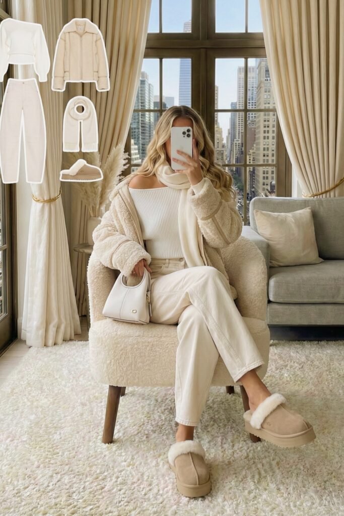 Cream Shearling Aviator Jacket + Off the Shoulder White Ribbed Top + Cream Straight Leg Jeans + Beige Shearling Mules