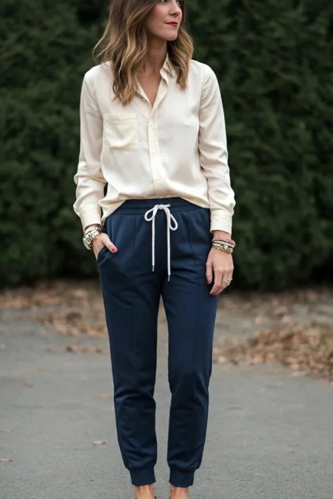 Cream Silk Button Down + Navy Blue Tapered Joggers + Gold Accessories