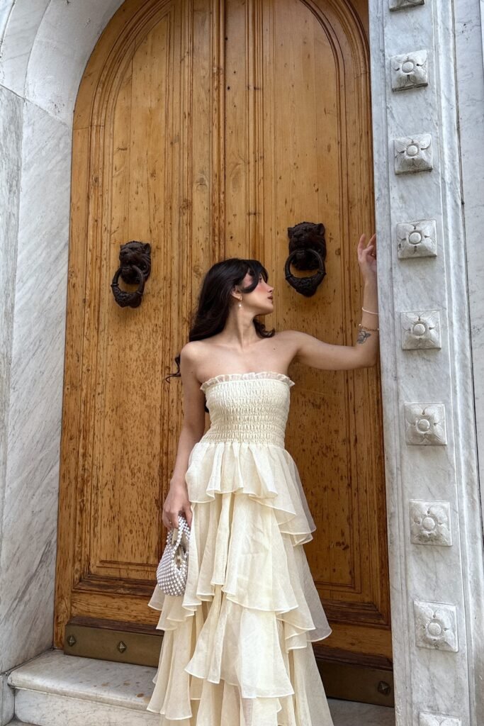 Cream Strapless Ruffled Maxi Dress + Pearl Top Handle Bag