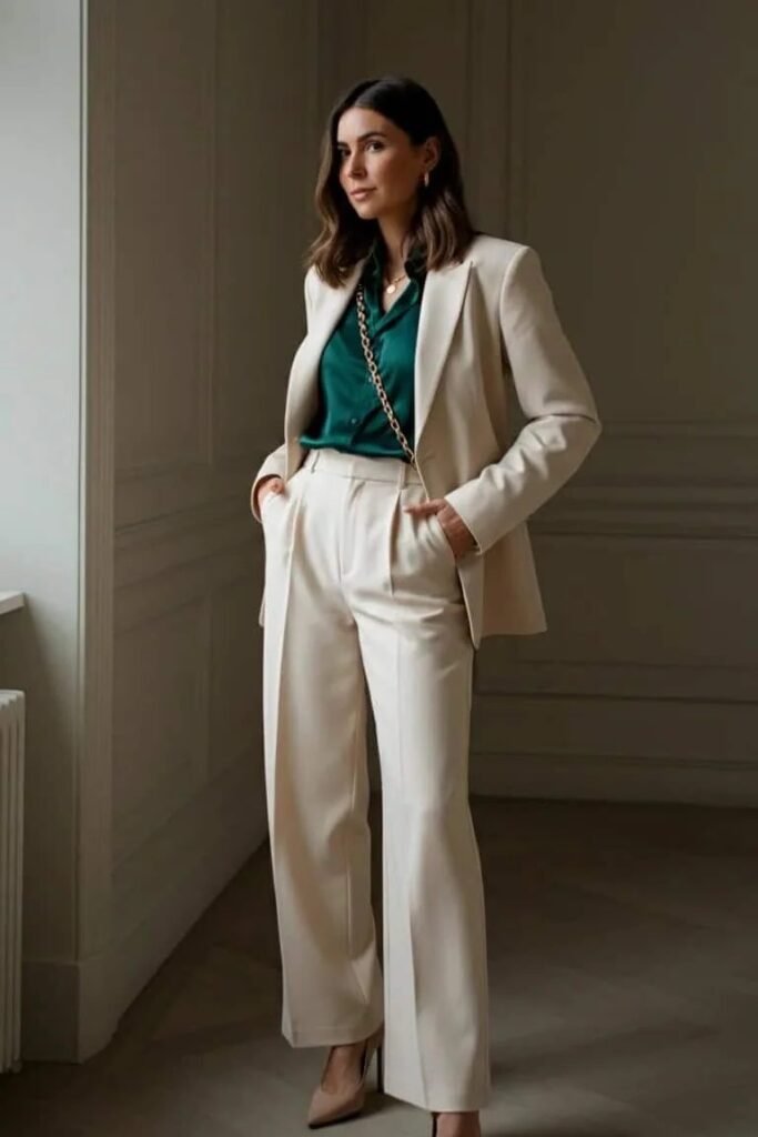 Cream Tailored Blazer + Matching High-Waisted Wide-Leg Trousers + Emerald Green Silk Shirt + Nude Pointed-Toe Pumps
