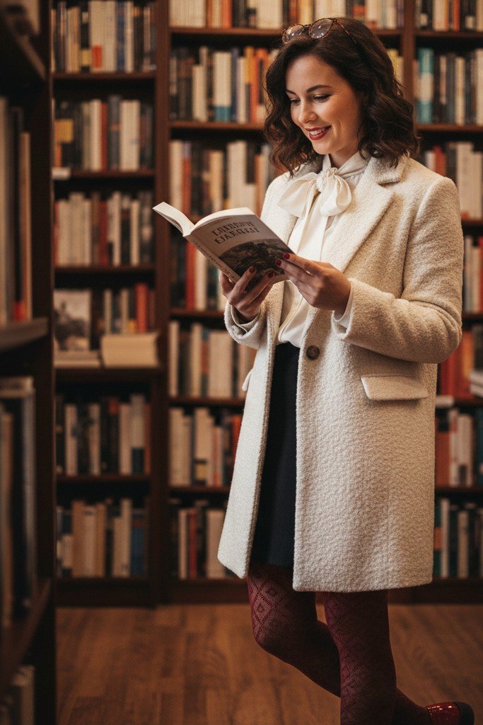 Cream Textured Coat + White Bow Tie Blouse + Burgundy Patterned Tights + Red Patent Loafers