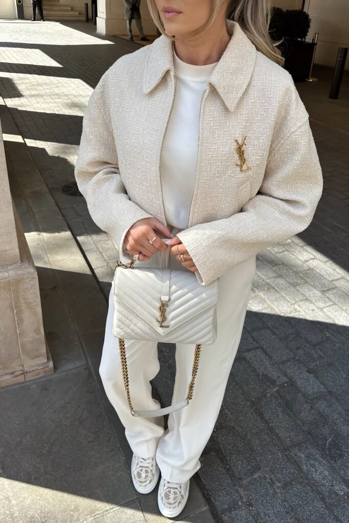 Cream Textured Zip-Up Jacket + White Trousers + Patterned White Sneakers