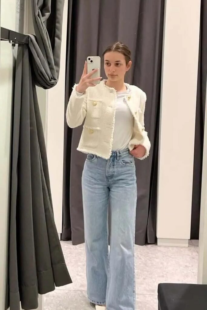 Cream Tweed Cropped Jacket + White T-shirt + Light Wash Wide-leg Jeans + White Shoes