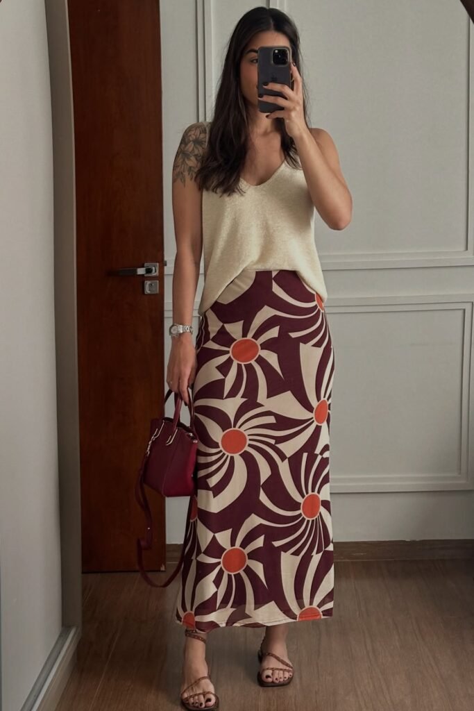Cream V-Neck Knit Tank + Burgundy Floral Print Maxi Skirt + Brown Strappy Sandals