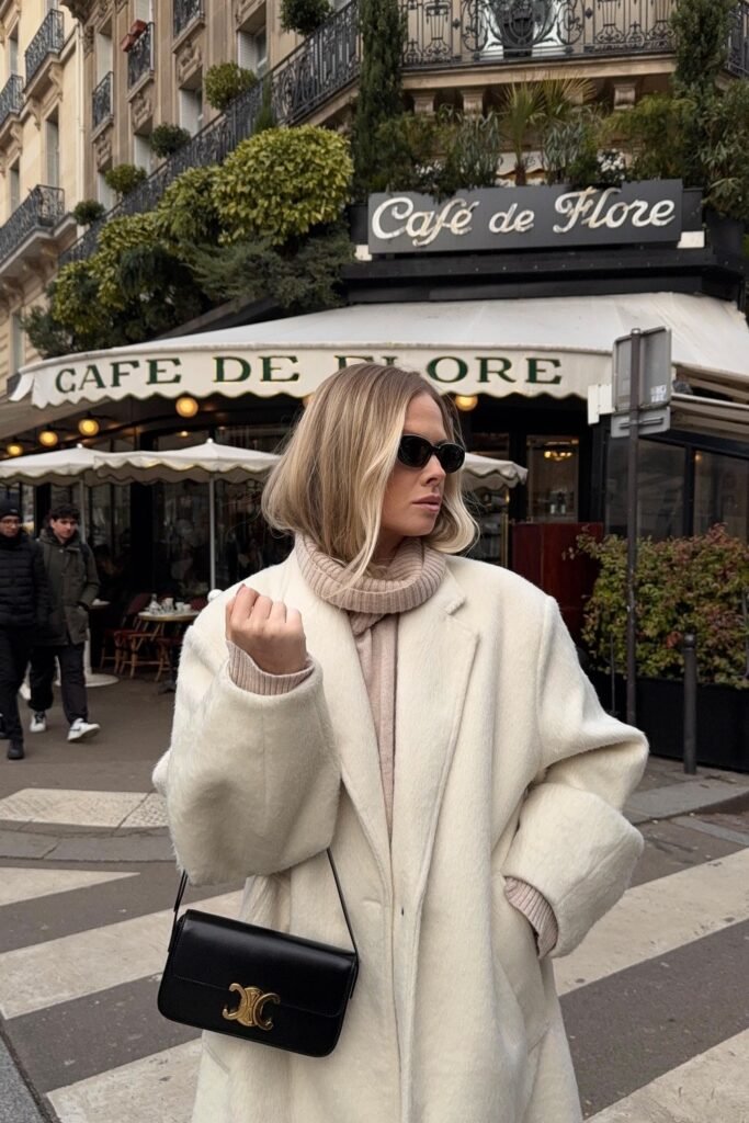Cream Wool Coat + Beige Turtleneck Sweater + Black Sunglasses + Black Chain Bag