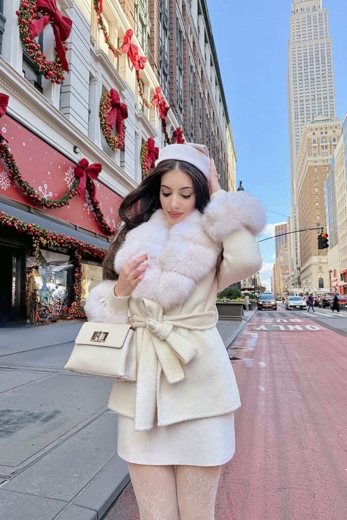 Cream Wool Coat with Fur Collar and Cuffs + Matching Cream Mini Skirt + Patterned White Tights