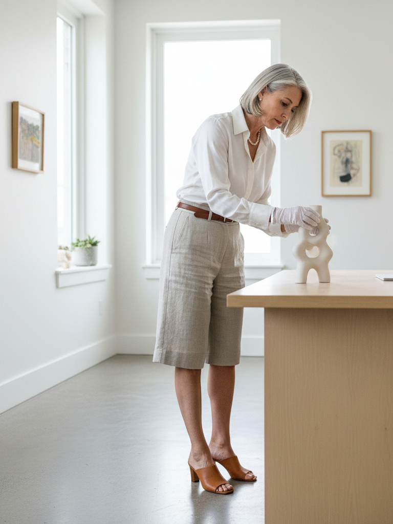 Crisp White Shirt + Tailored Shorts + Heeled Sandals