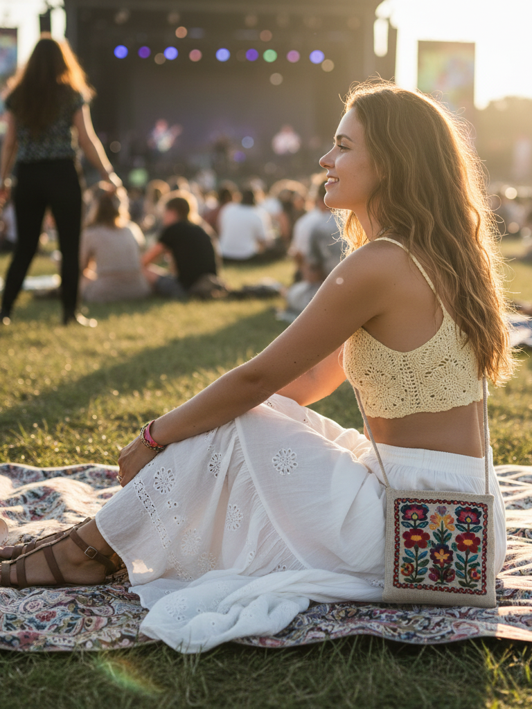 Crochet Top + Flowy Skirt + Embroidered Bag