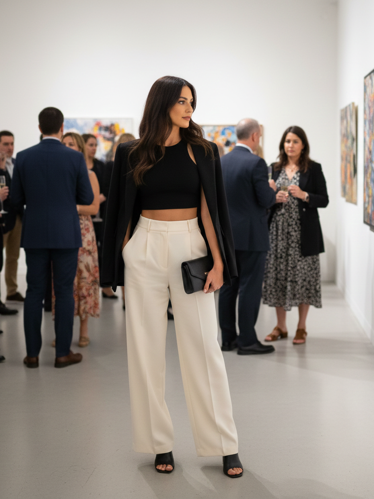 Crop Top + High-Waisted Pants + Blazer + Mules