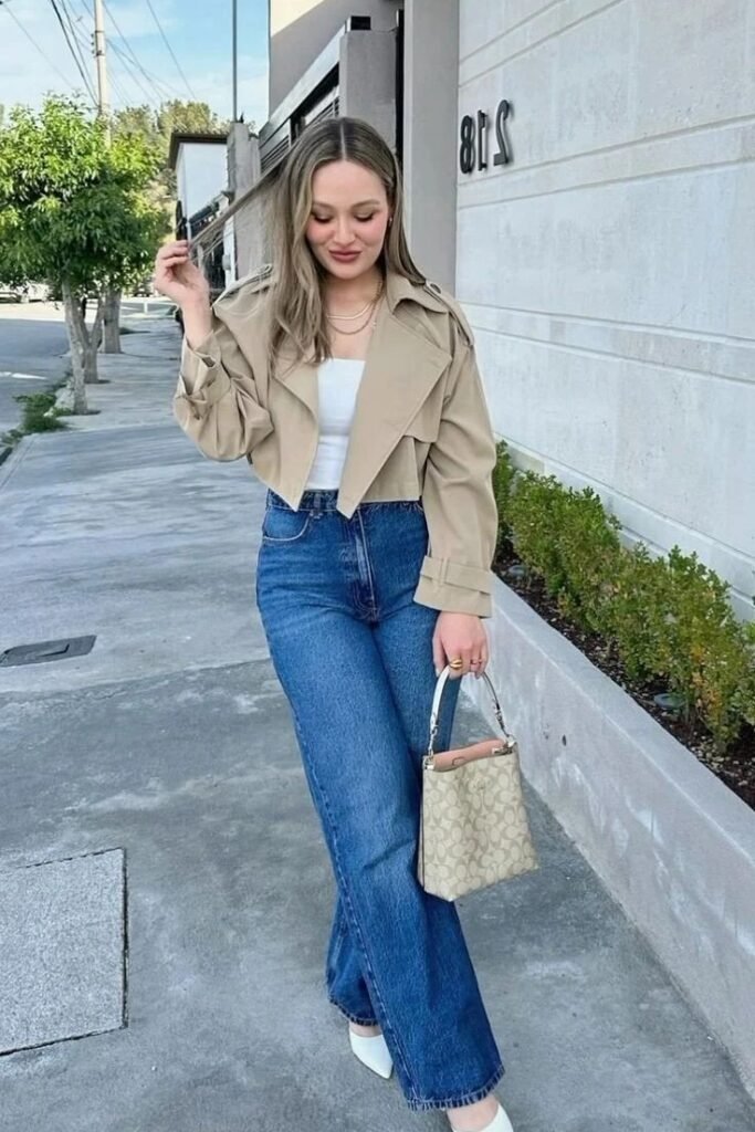 Cropped Khaki Trench Jacket + White Bodysuit + High-Waisted Blue Jeans + White Pointed Heels