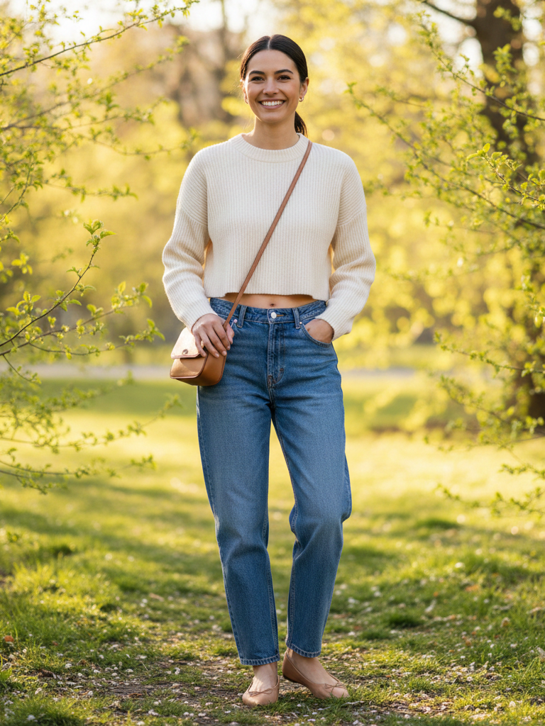 Cropped Sweater + High-Waisted Jeans + Pointed-Toe Flats