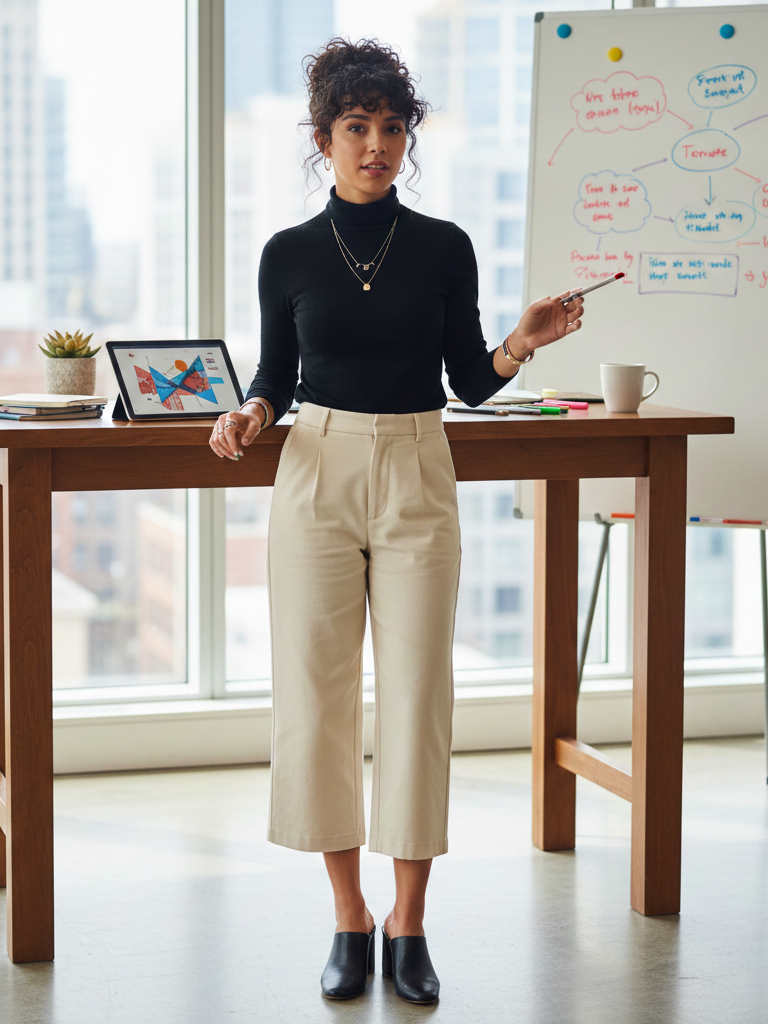 Cropped Trousers + Fitted Top + Heeled Mules