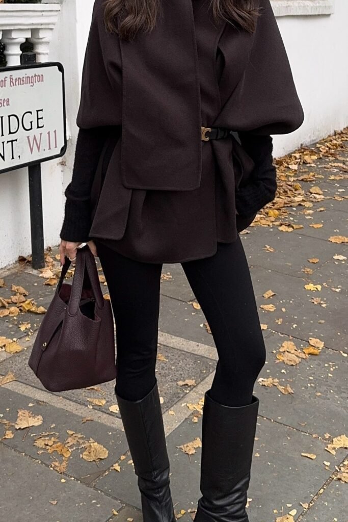 Dark Brown Cape-Style Coat + Black Leggings + Black Knee-High Boots