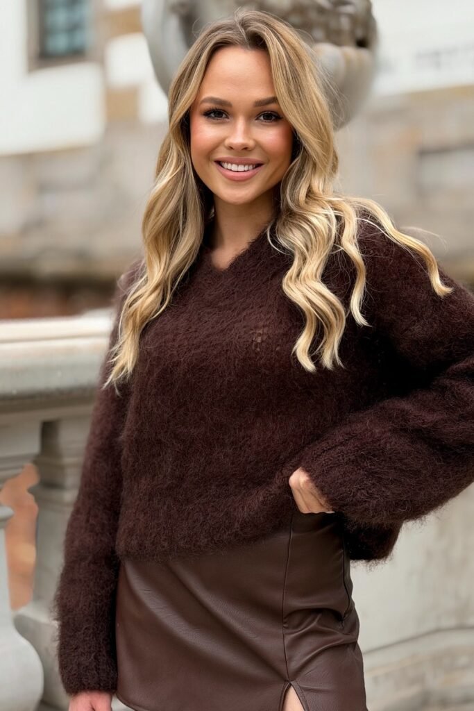 Dark Brown Fluffy V-Neck Sweater + Brown Leather Mini Skirt