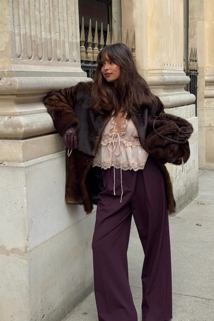 Dark Brown Fur Coat + Lace-Trimmed Blush Pink Cami/Top + Burgundy Wide-Leg Trousers