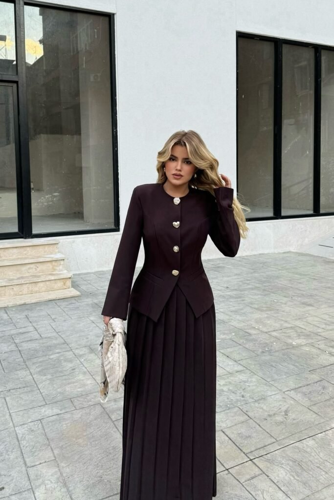Dark Brown Jacket with Heart Buttons + Pleated Maxi Skirt Co-ord Set
