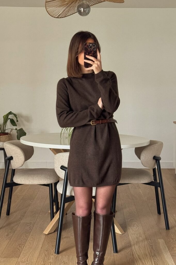 Dark Brown Knit Mini Dress + Thin Brown Leather Belt + Brown Knee-High Boots