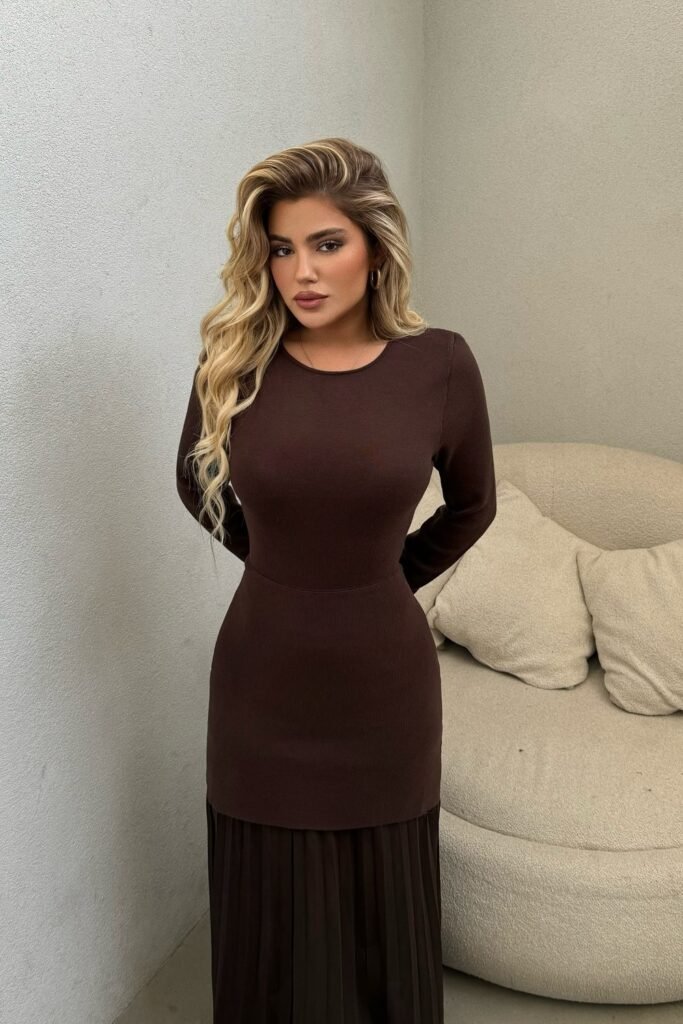 Dark Brown Knit Top + Matching Pleated Maxi Skirt