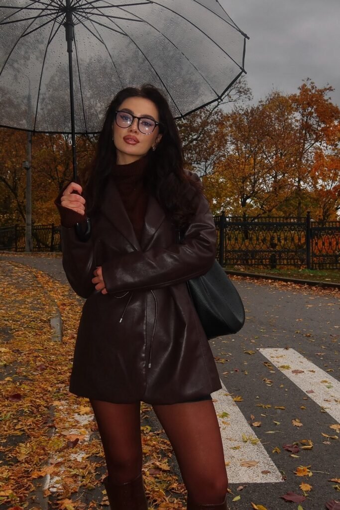 Dark Brown Leather Short Coat + Brown Turtleneck + Maroon Tights + Brown Knee-High Boots