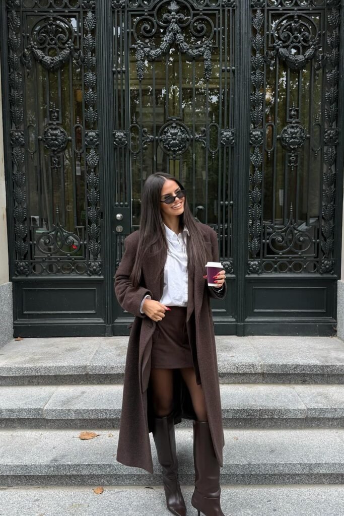 Dark Brown Maxi Coat + White Button-Up Shirt + Dark Brown Mini Skirt + Dark Brown Knee-High Boots