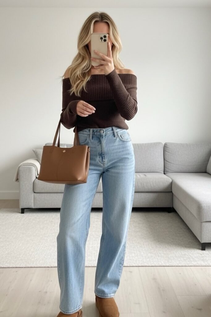Dark Brown Off-the-Shoulder Ribbed Sweater + Light Wash Wide-Leg Jeans + Tan Suede Boots