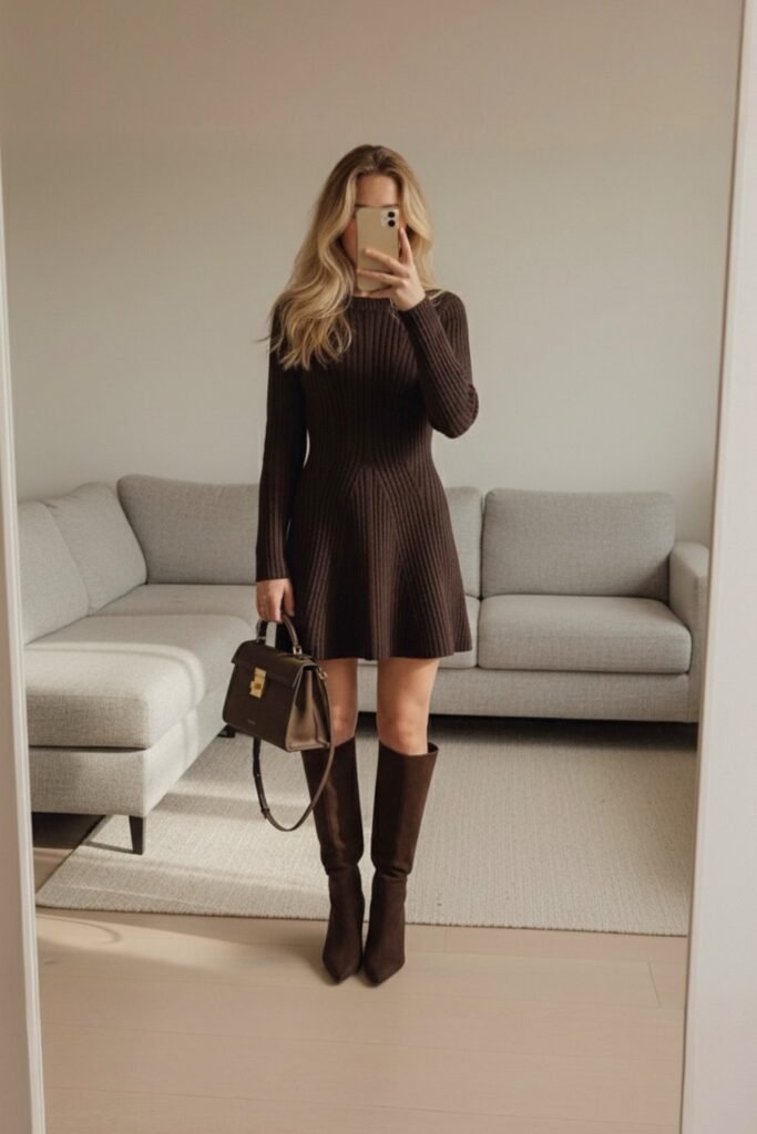 Dark Brown Ribbed Fit-and-Flare Dress + Dark Brown Suede Knee-High Boots + Brown Leather Handbag