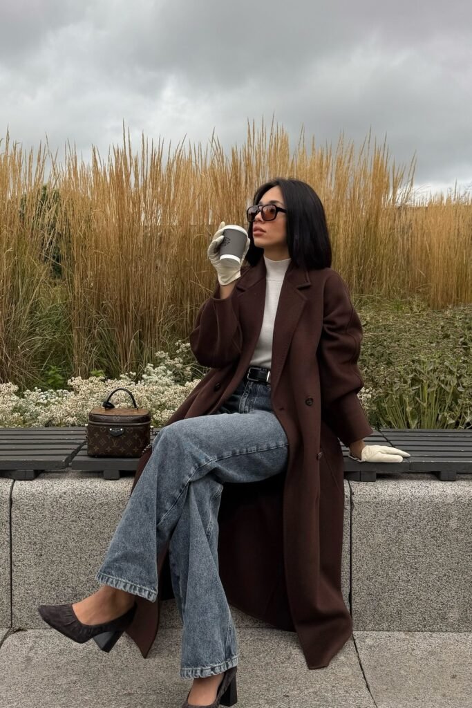 Dark Brown Wool Coat + White Turtleneck + Blue Wide-Leg Jeans + Black Heels