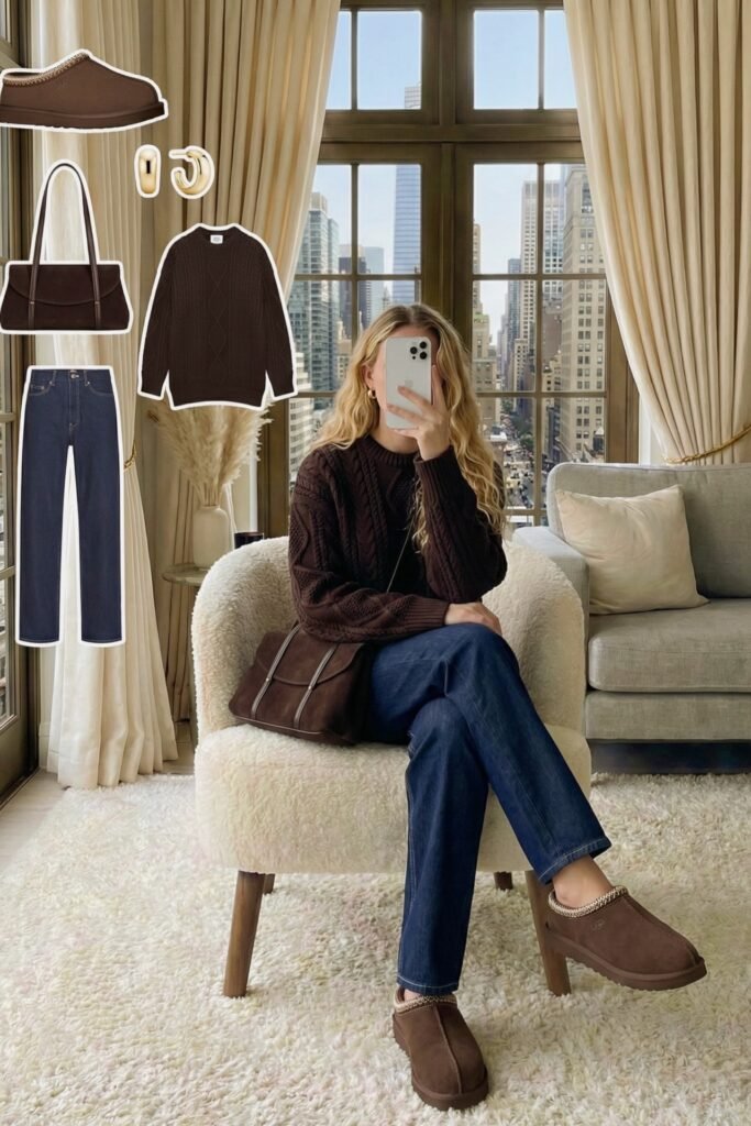 Dark Chocolate Cable Knit Sweater + Indigo Straight Leg Jeans + Brown Shearling Mules