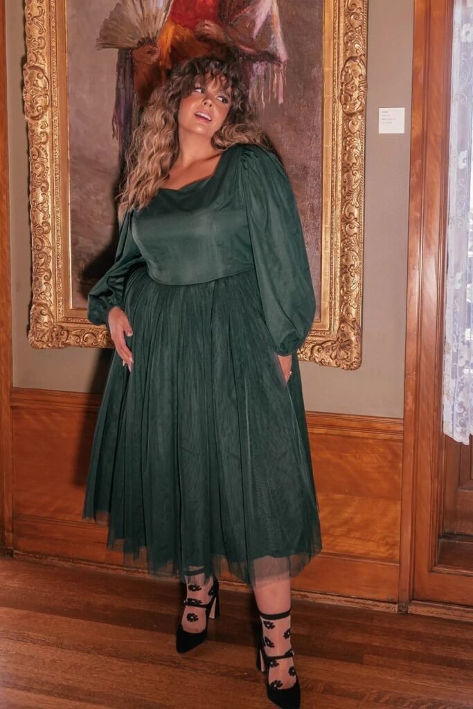 Dark Emerald Green Long-Sleeve Dress with Tulle Skirt + Black Floral Patterned Heels