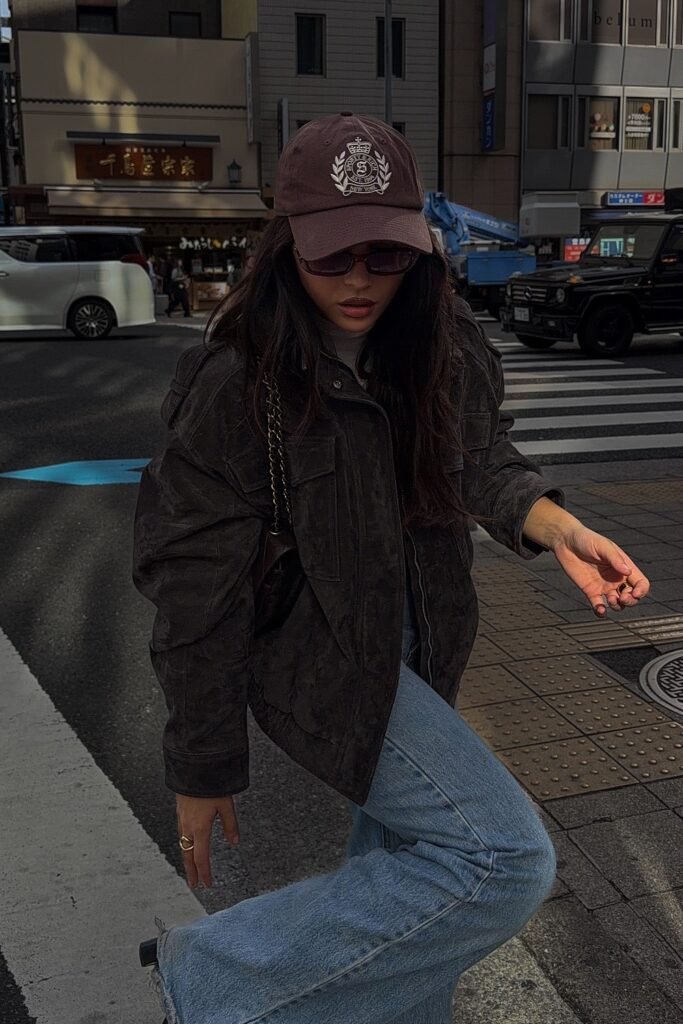 Dark Gray Suede Jacket + Light Wash Flared Jeans + Dark Brown Baseball Cap
