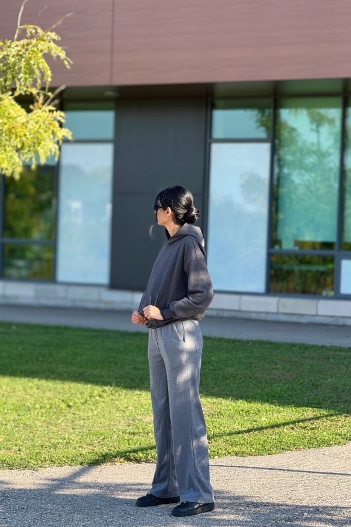 Dark Grey Pullover Hoodie + Medium Grey Straight Leg Sweatpants + Black Sneakers