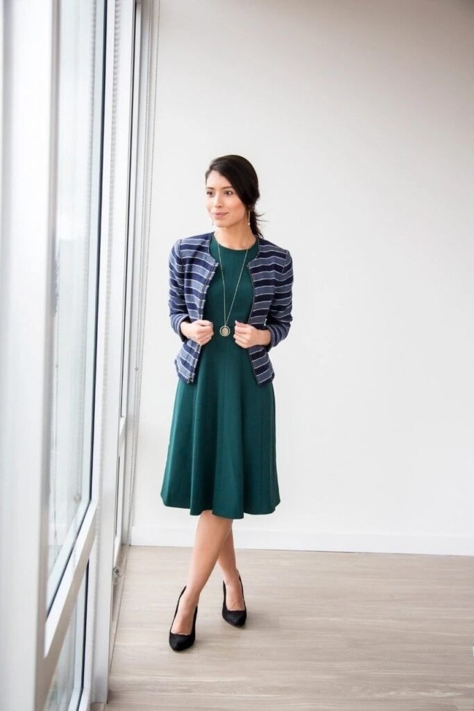 Dark Teal A-Line Dress + Blue and White Striped Cropped Jacket + Black Pointed-Toe Pumps