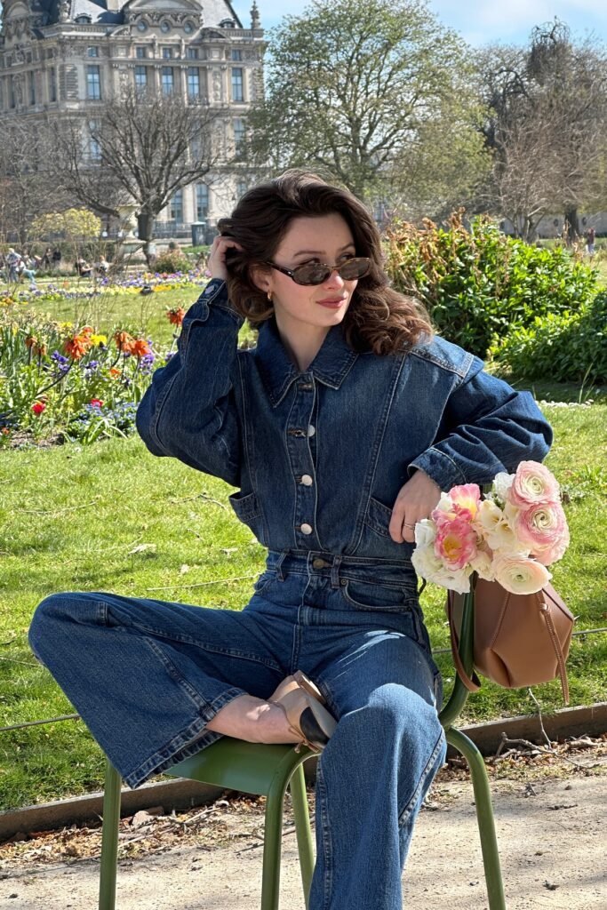 Dark Wash Denim Utility Shirt + Matching Wide-Leg Denim Jeans + Tan Leather Crossbody Bag