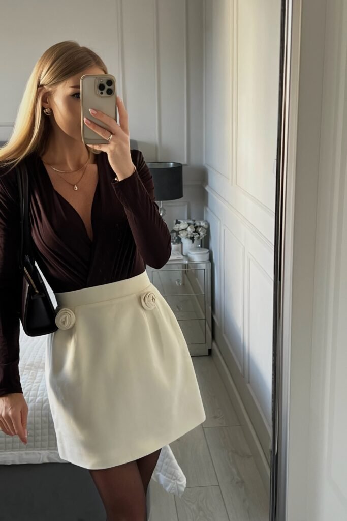 Deep Brown V Neck Long Sleeve Bodysuit + Cream A Line Mini Skirt with Rosette Details + Black Tights