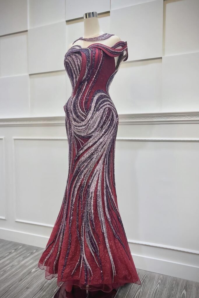 Deep Crimson & Silver Swirl Sequin Gown + Sculptural Off-Shoulder Neckline