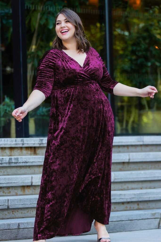 Deep Plum Velvet Wrap Maxi Dress + Silver Minimalist Sandals