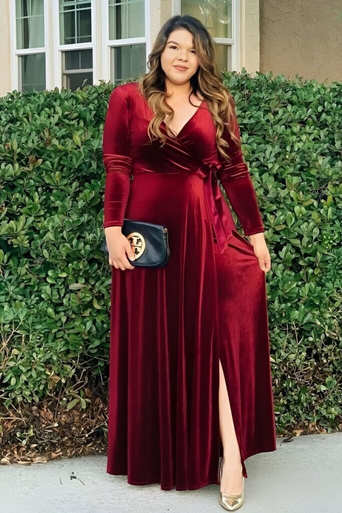 Deep Red Velvet Long-Sleeve Wrap Gown + Black Gold-Emblem Clutch + Gold Metallic Heels