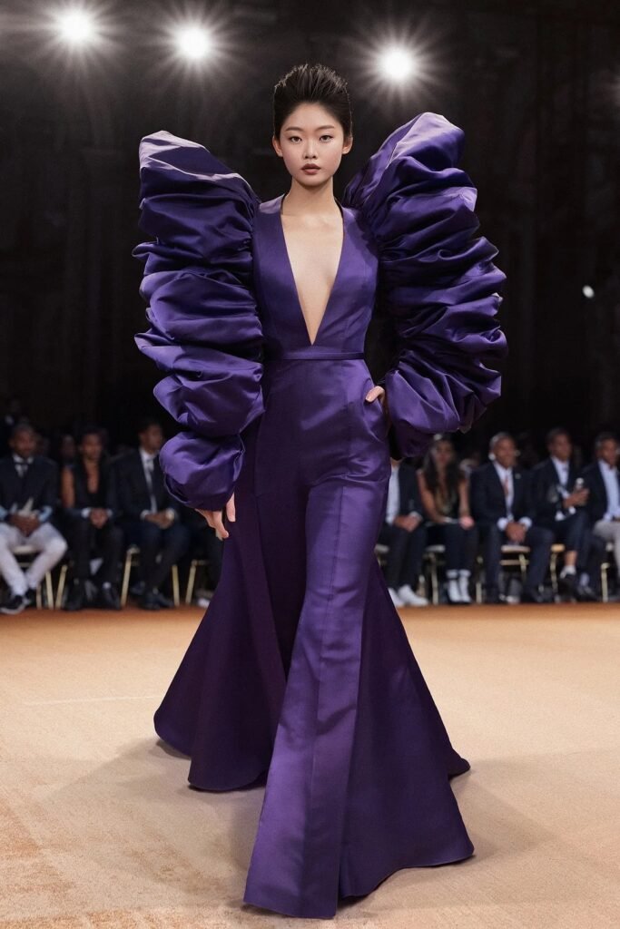 Deep V Neck Purple Avant Garde Jumpsuit + Dramatic Ruffled Sleeves