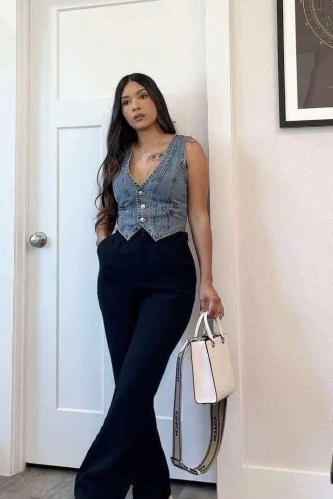 Denim Button Up Vest + Black High Waisted Trousers + White Top Handle Bag