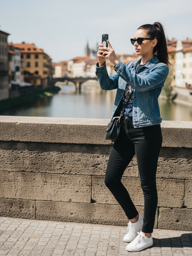 Denim Jacket + Graphic Tee + Black Jeans + White Sneakers