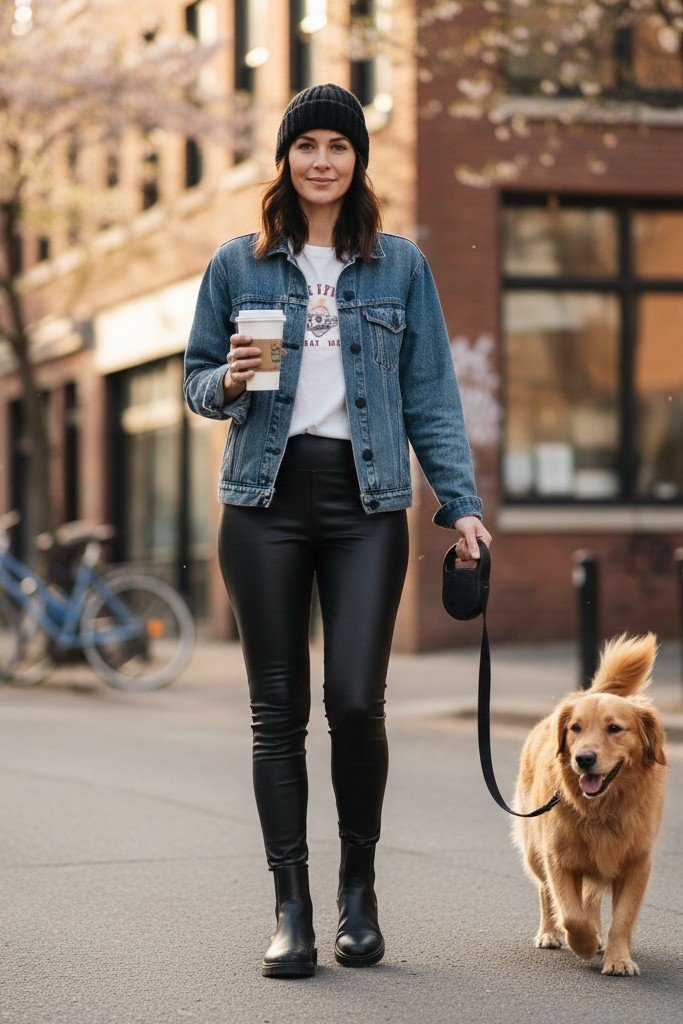 Denim Jacket + Graphic Tee + Leather Leggings + Boots
