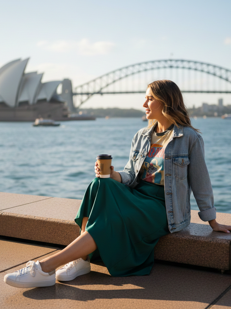 Denim Jacket + Midi Slip Skirt + Graphic Tee