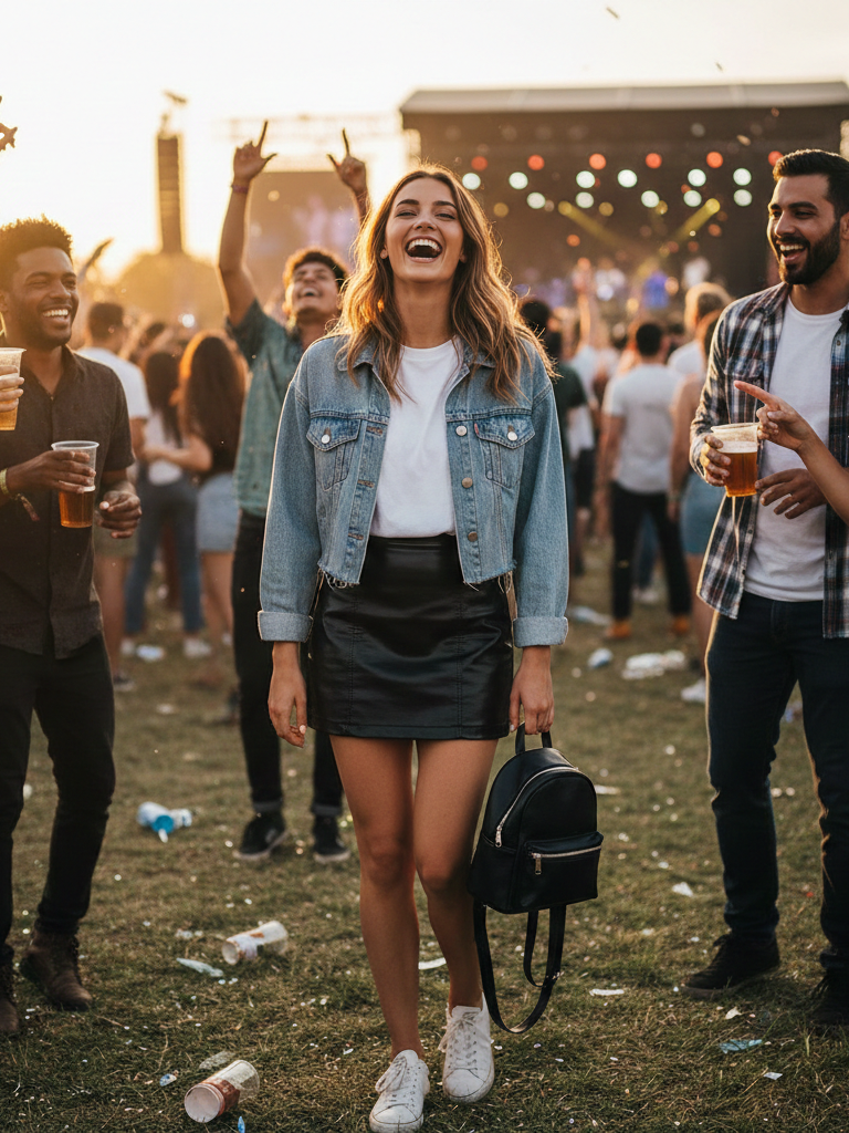 Denim Jacket + Mini Skirt + Sneakers
